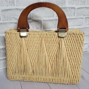 Vintage Italian Woven Straw Bag with Wooden Handles